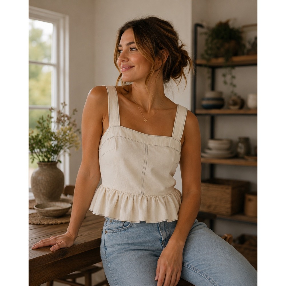 Urban Outfitters Smocked Peplum Crop Top Beige‎ Square Neck Milkmaid Tank XS